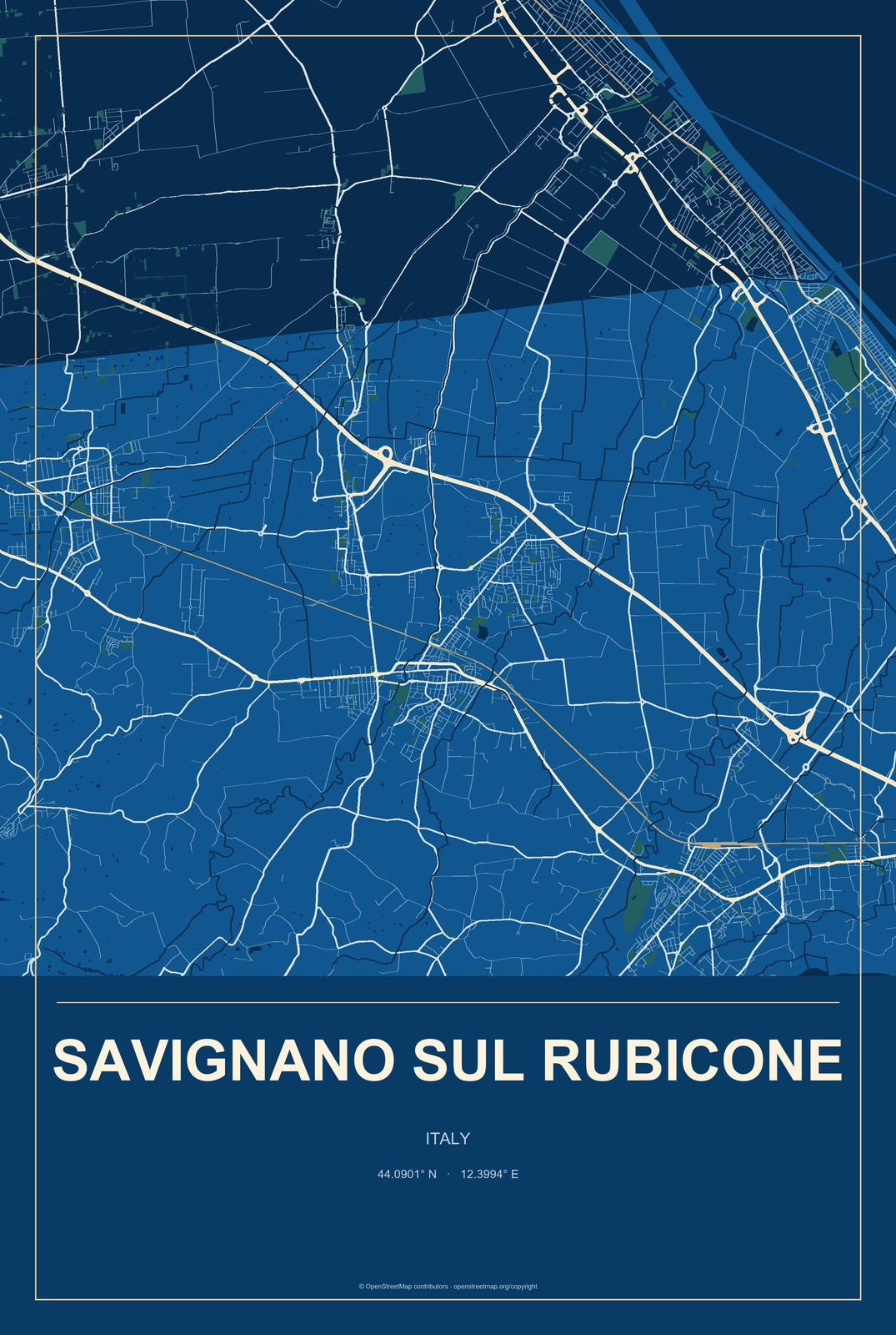 Savignano sul Rubicone, Italy City Map Aluminum Sign in Harbor Cobalt style