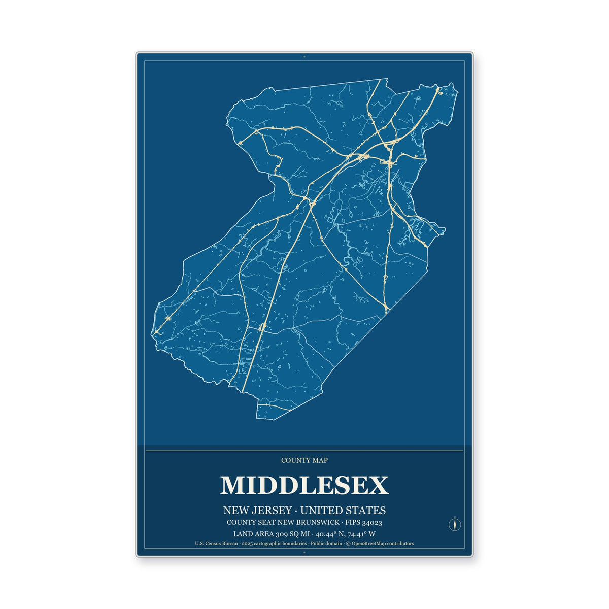 Middlesex County, New Jersey Map Aluminum Sign in Harbor Cobalt style