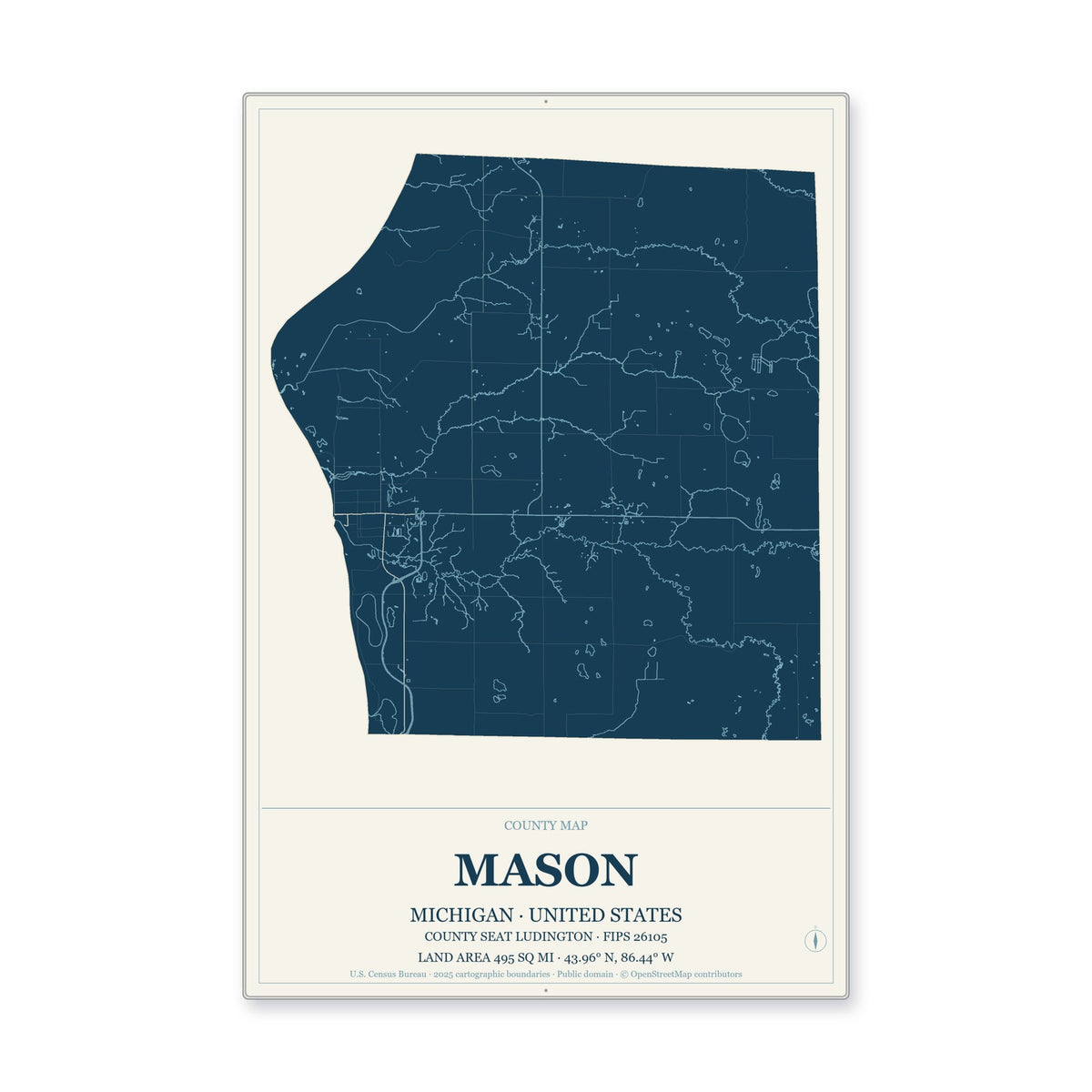 Mason County, Michigan Map Aluminum Sign in Coastal Cutout style