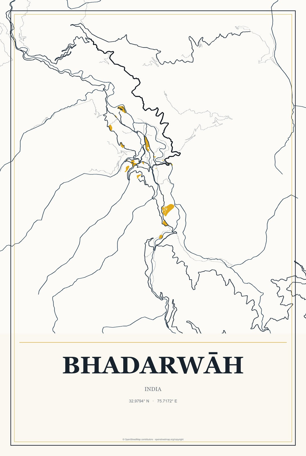 Bhadarwāh, India City Map Aluminum Sign in Citrine Modern style