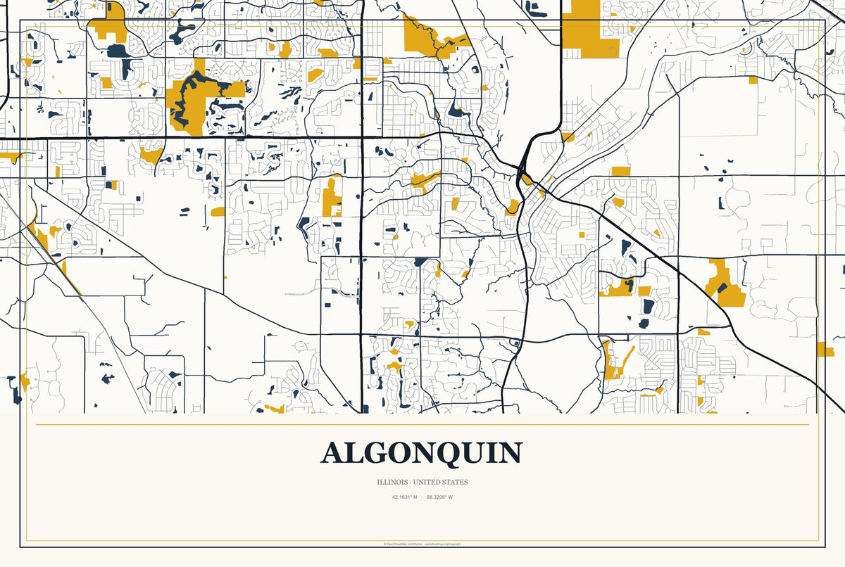 Algonquin, Illinois City Map Aluminum Sign in Citrine Modern style