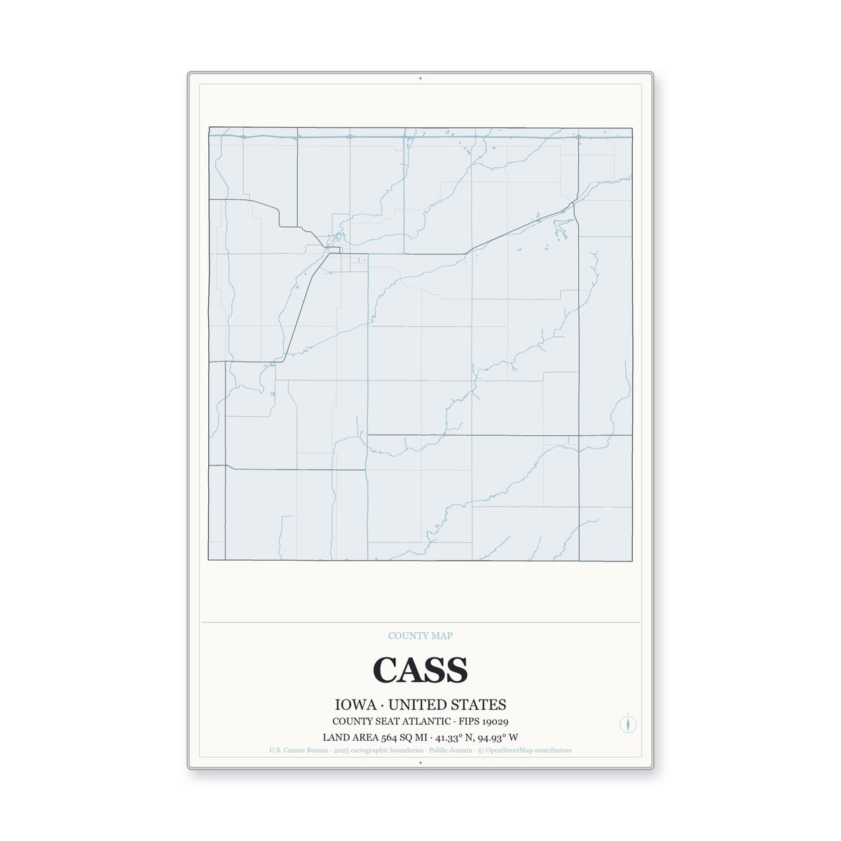 Cass County, Iowa Map Aluminum Sign in Gallery Air style