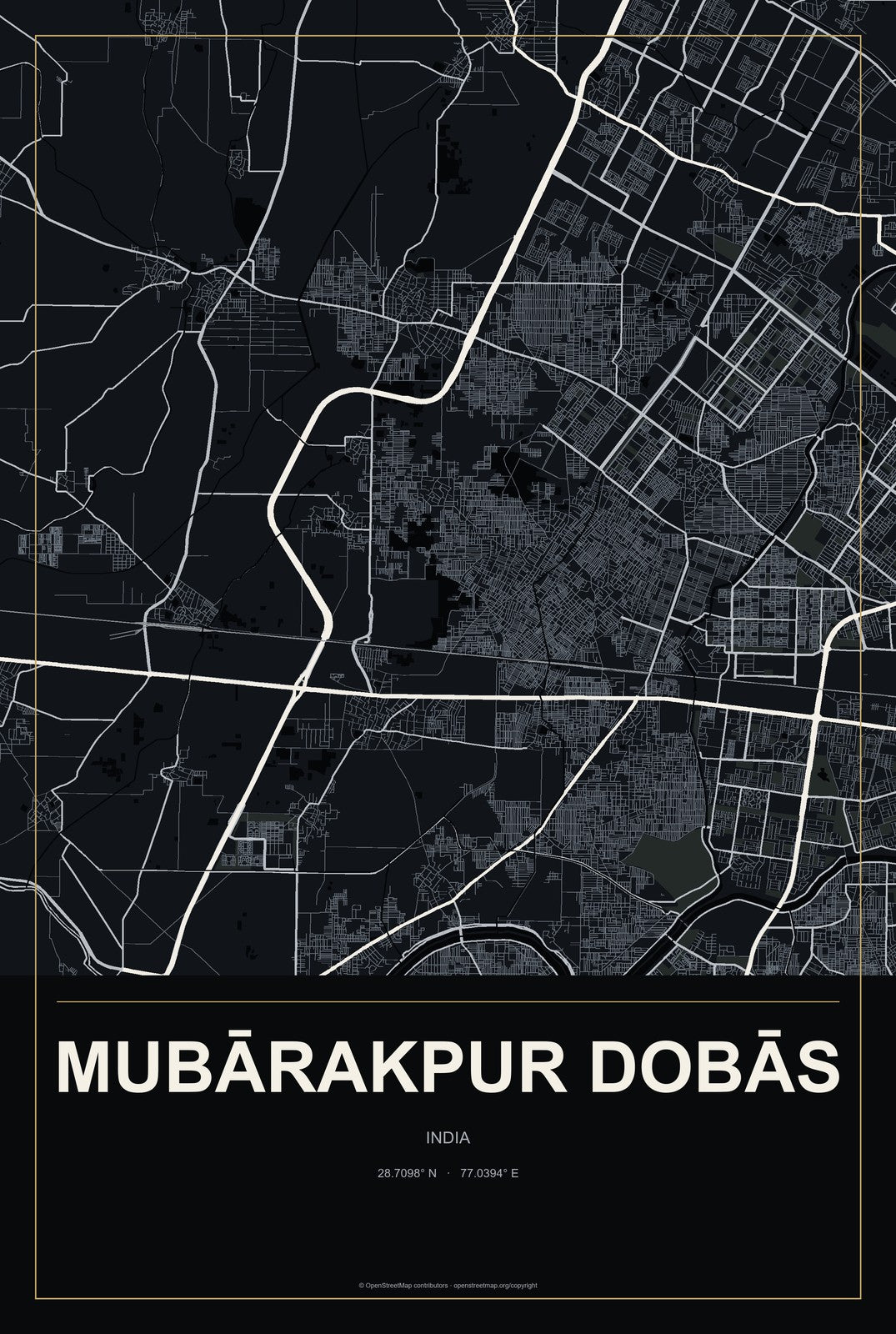 Mubārakpur Dobās, India City Map Aluminum Sign in Metropolitan Noir style