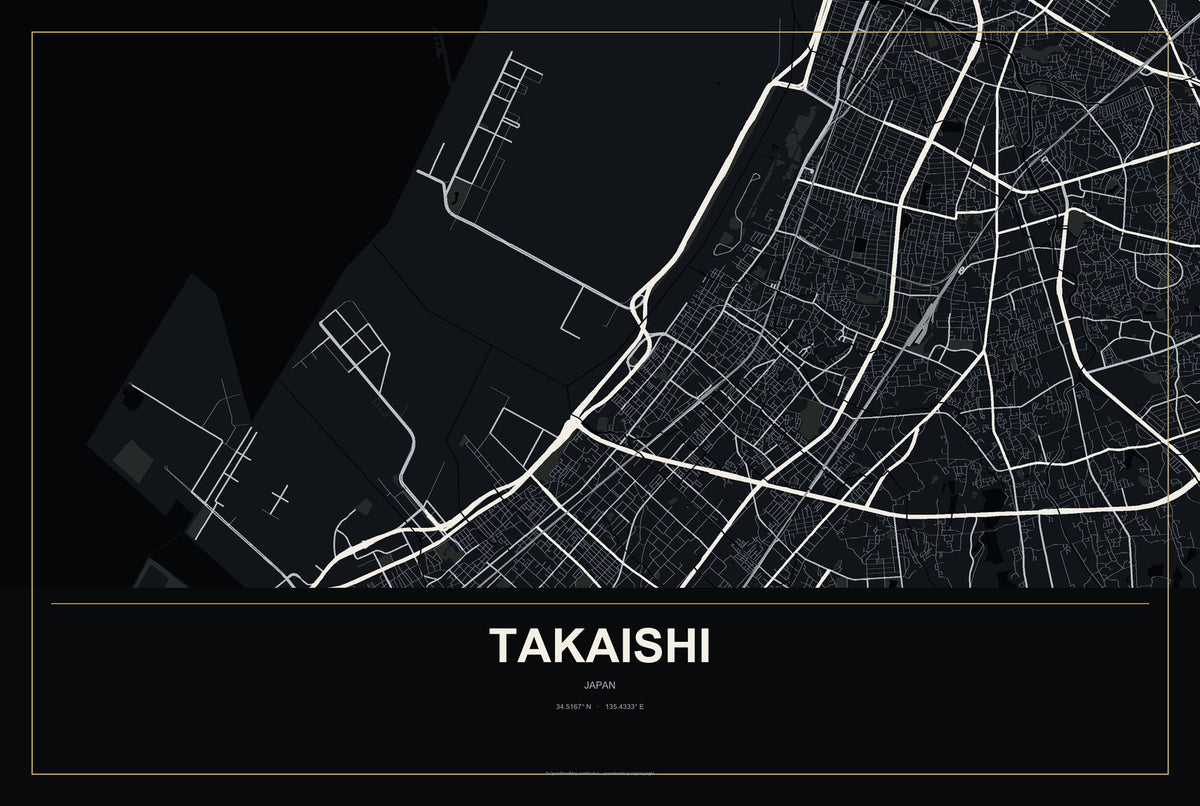 Takaishi, Japan City Map Aluminum Sign in Metropolitan Noir style