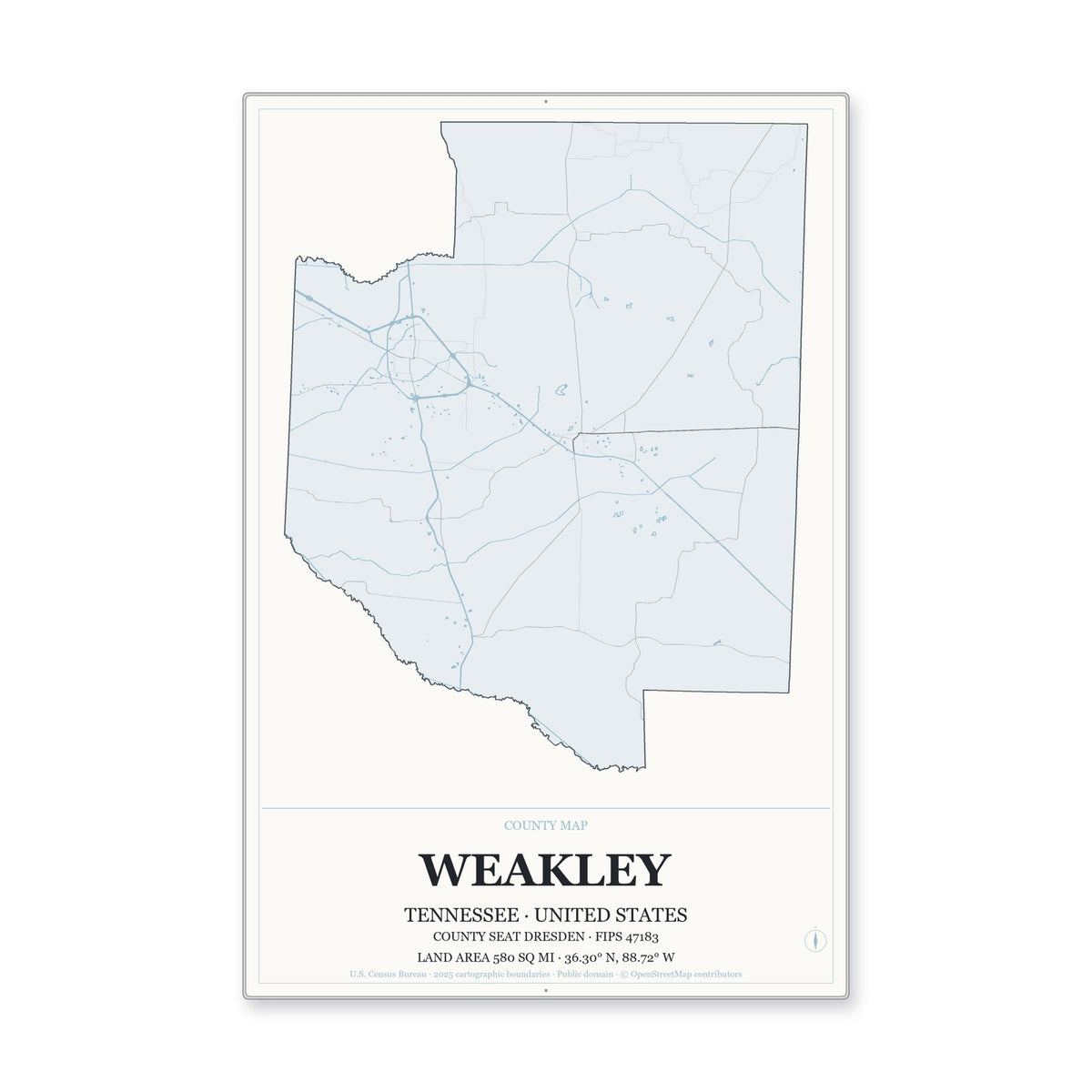 Weakley County, Tennessee Map Aluminum Sign in Gallery Air style