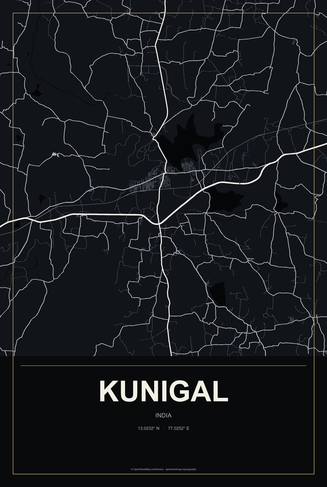 Kunigal, India City Map Aluminum Sign in Metropolitan Noir style