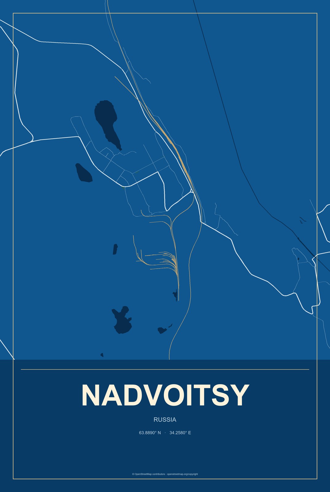 Nadvoitsy, Russia City Map Aluminum Sign in Harbor Cobalt style