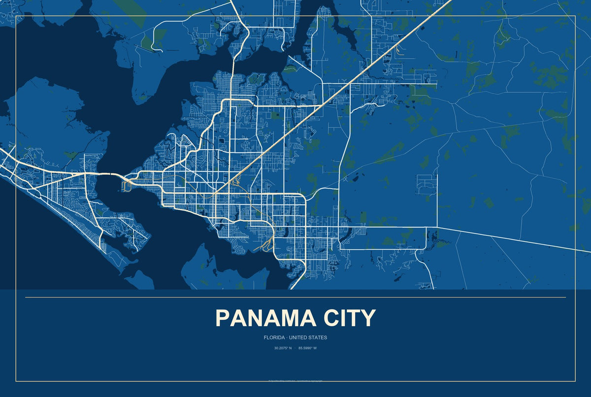 Panama City, Florida City Map Aluminum Sign in Harbor Cobalt style