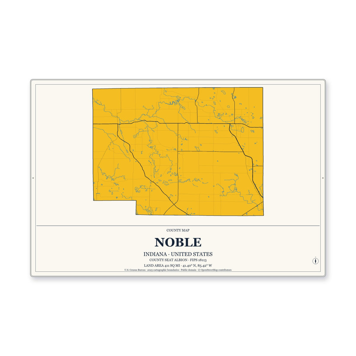 Noble County, Indiana Map Aluminum Sign in Citrine Modern style