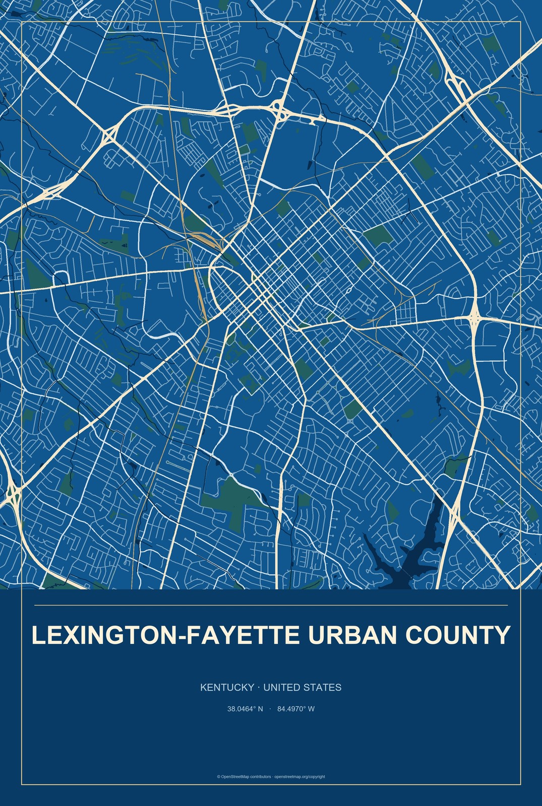 Lexington-Fayette urban county, Kentucky City Map Aluminum Sign in Harbor Cobalt style