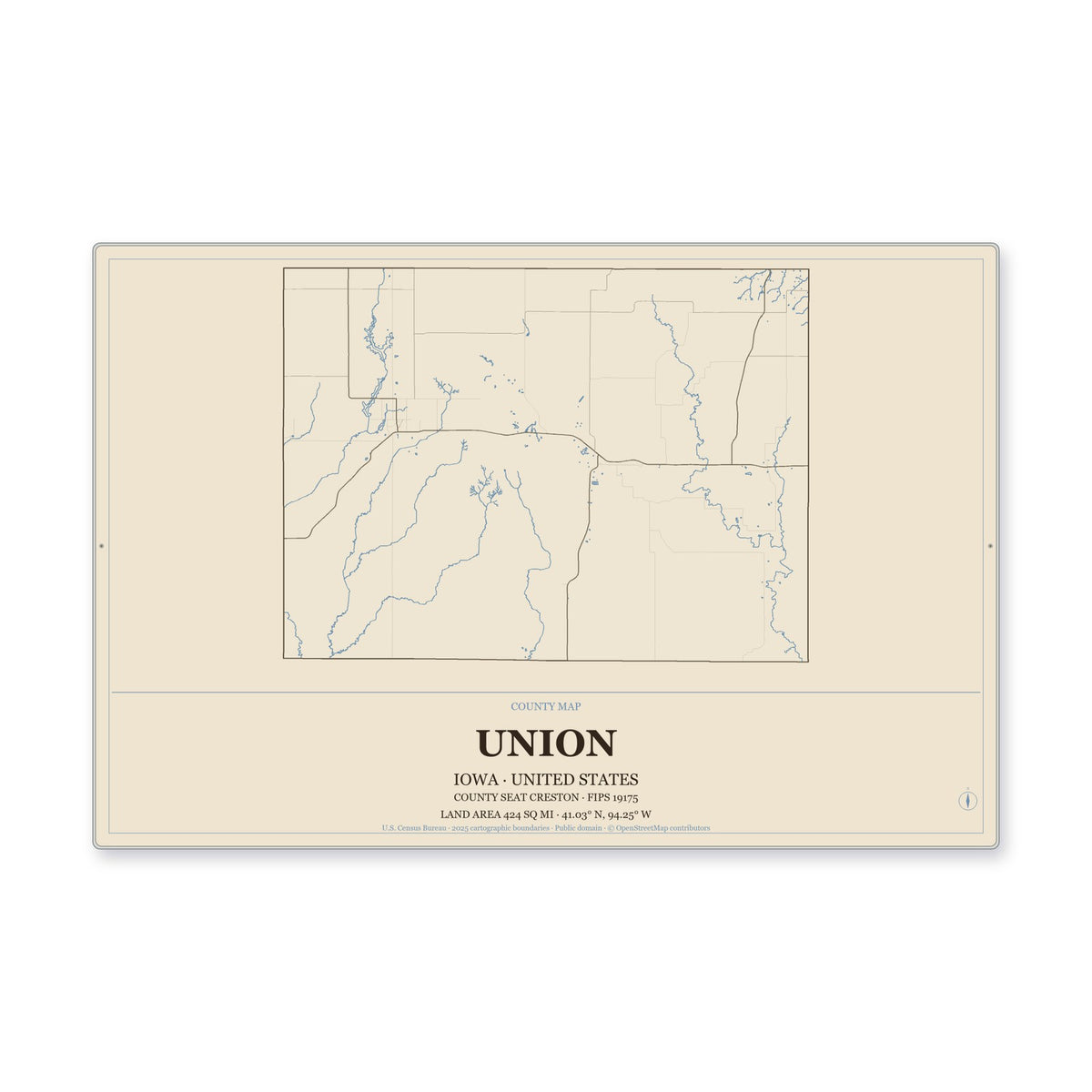 Union County, Iowa Map Aluminum Sign in Heritage Nautical style