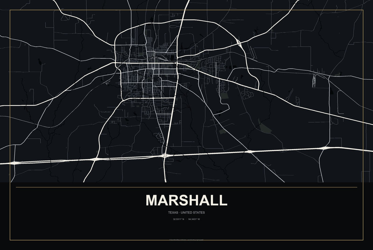 Marshall, Texas City Map Aluminum Sign in Metropolitan Noir style