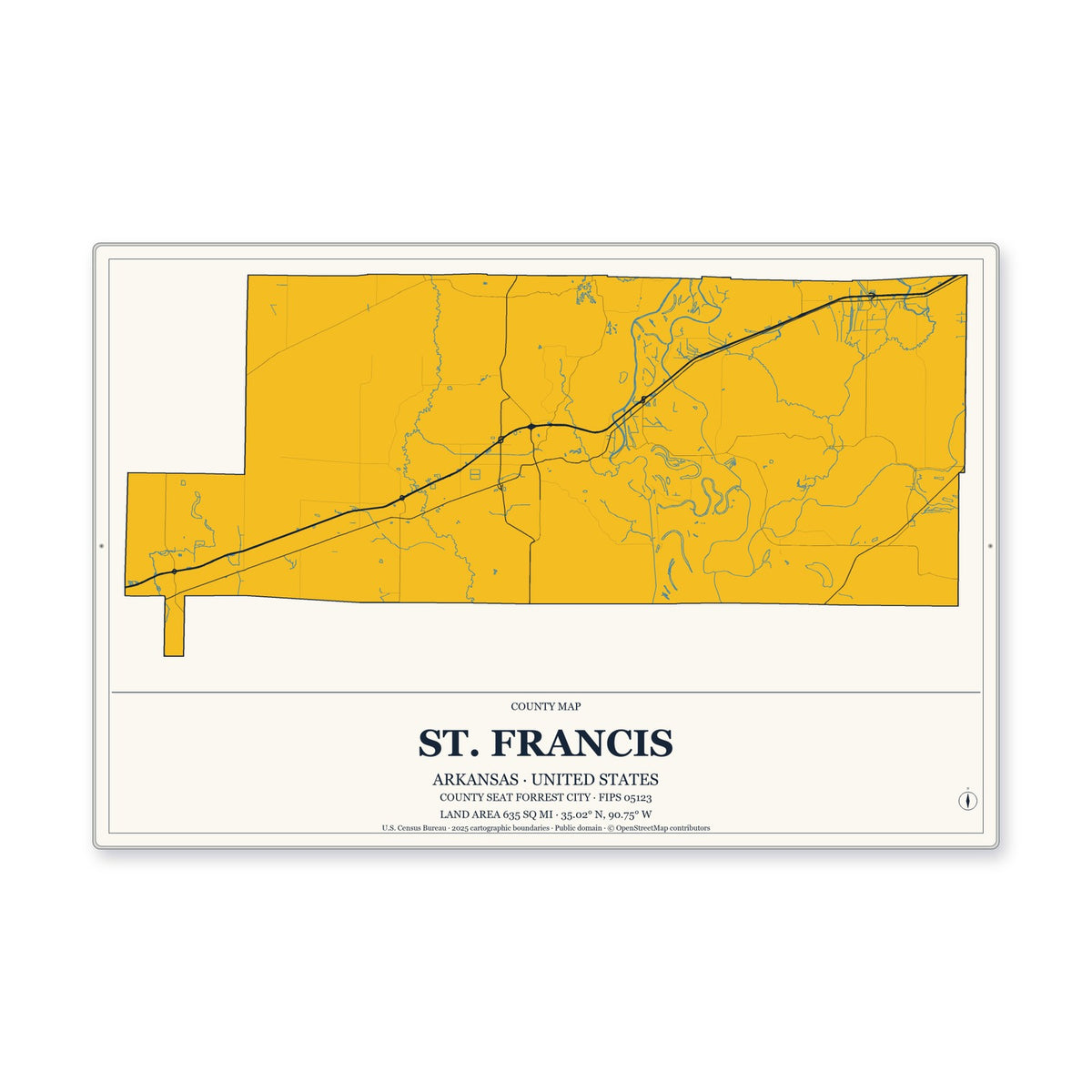 St. Francis County, Arkansas Map Aluminum Sign in Citrine Modern style