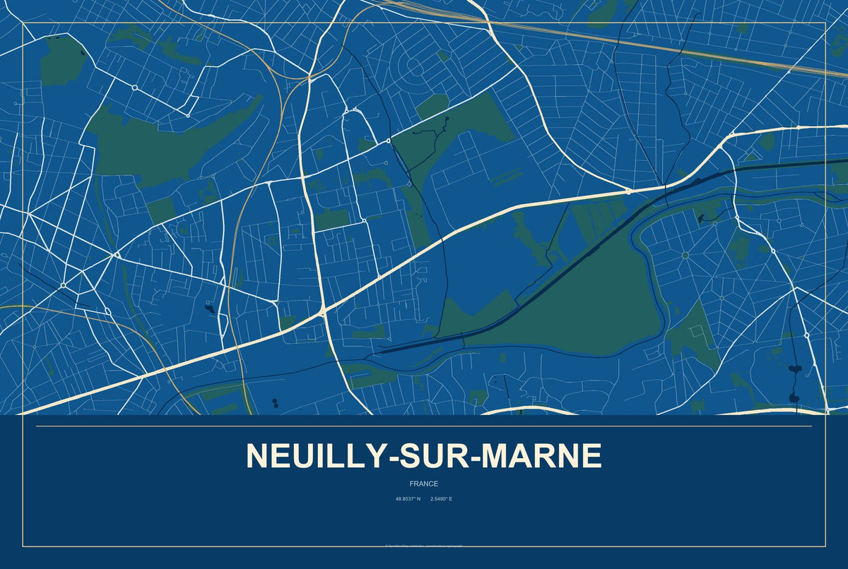 Neuilly-sur-Marne, France City Map Aluminum Sign in Harbor Cobalt style