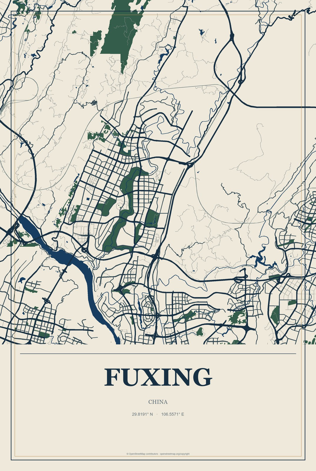 Fuxing, China City Map Aluminum Sign in Coastal Cutout style