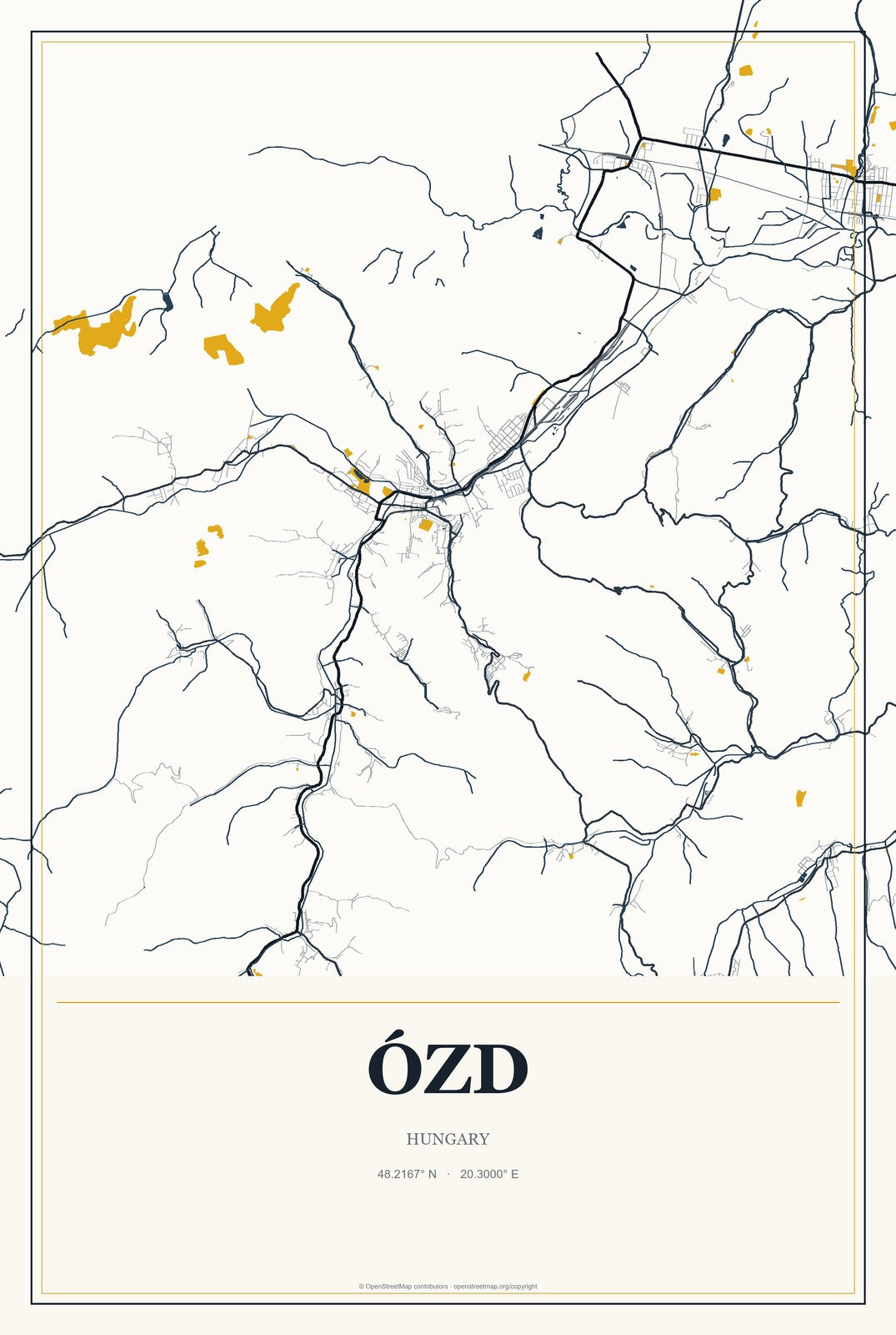Ózd, Hungary City Map Aluminum Sign in Citrine Modern style
