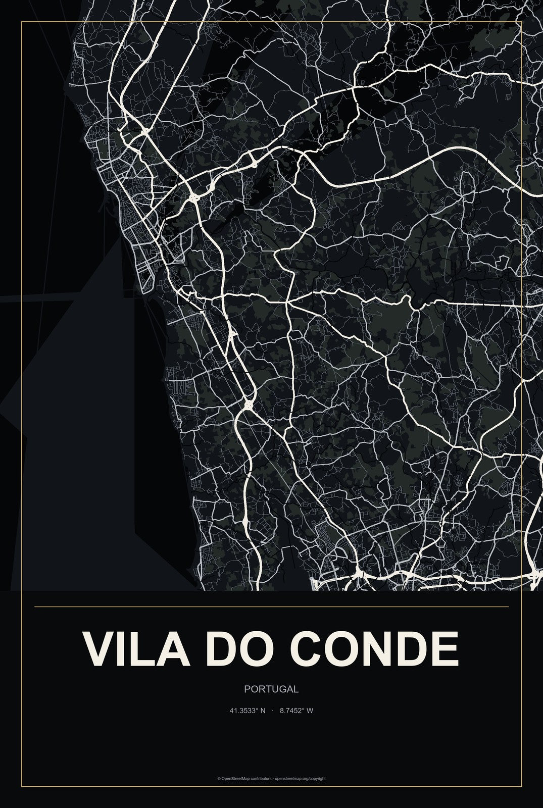 Vila do Conde, Portugal City Map Aluminum Sign in Metropolitan Noir style