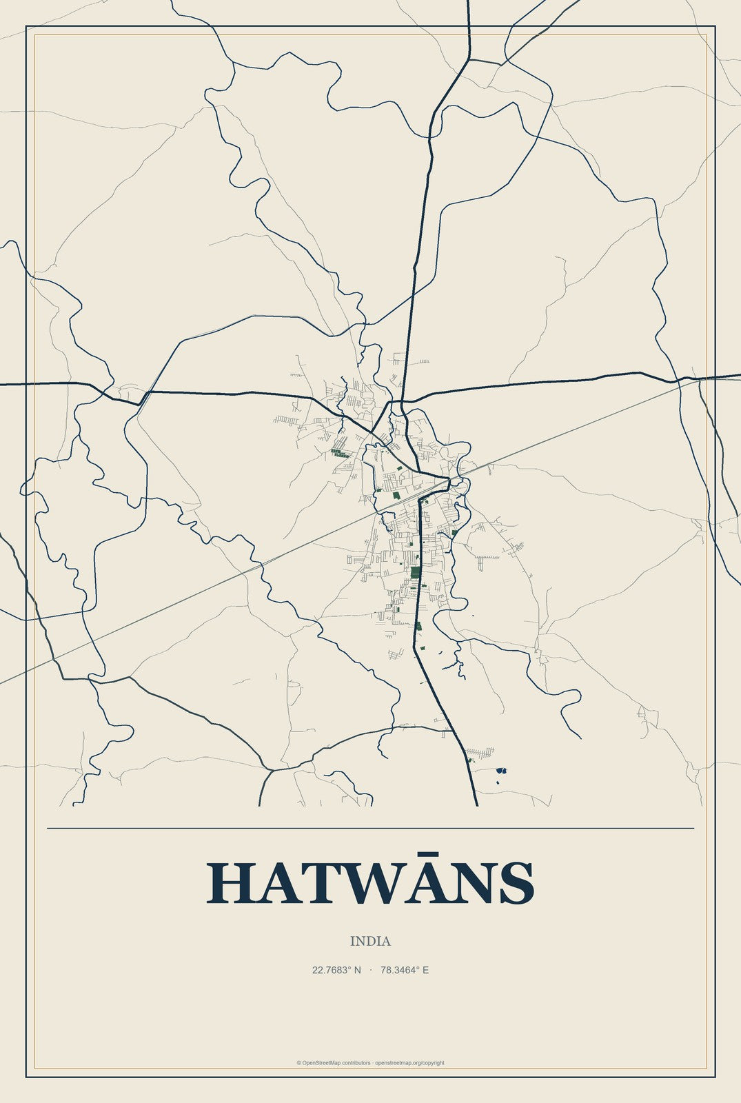 Hatwāns, India City Map Aluminum Sign in Coastal Cutout style