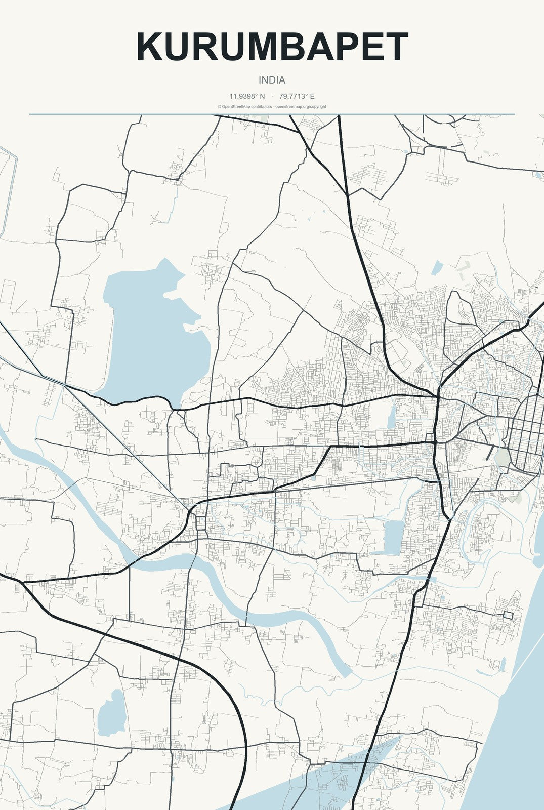 Kurumbapet, India City Map Aluminum Sign in Headline Atlas style