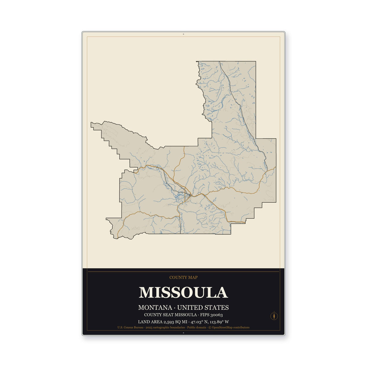 Missoula County, Montana Map Aluminum Sign in Museum Plaque style