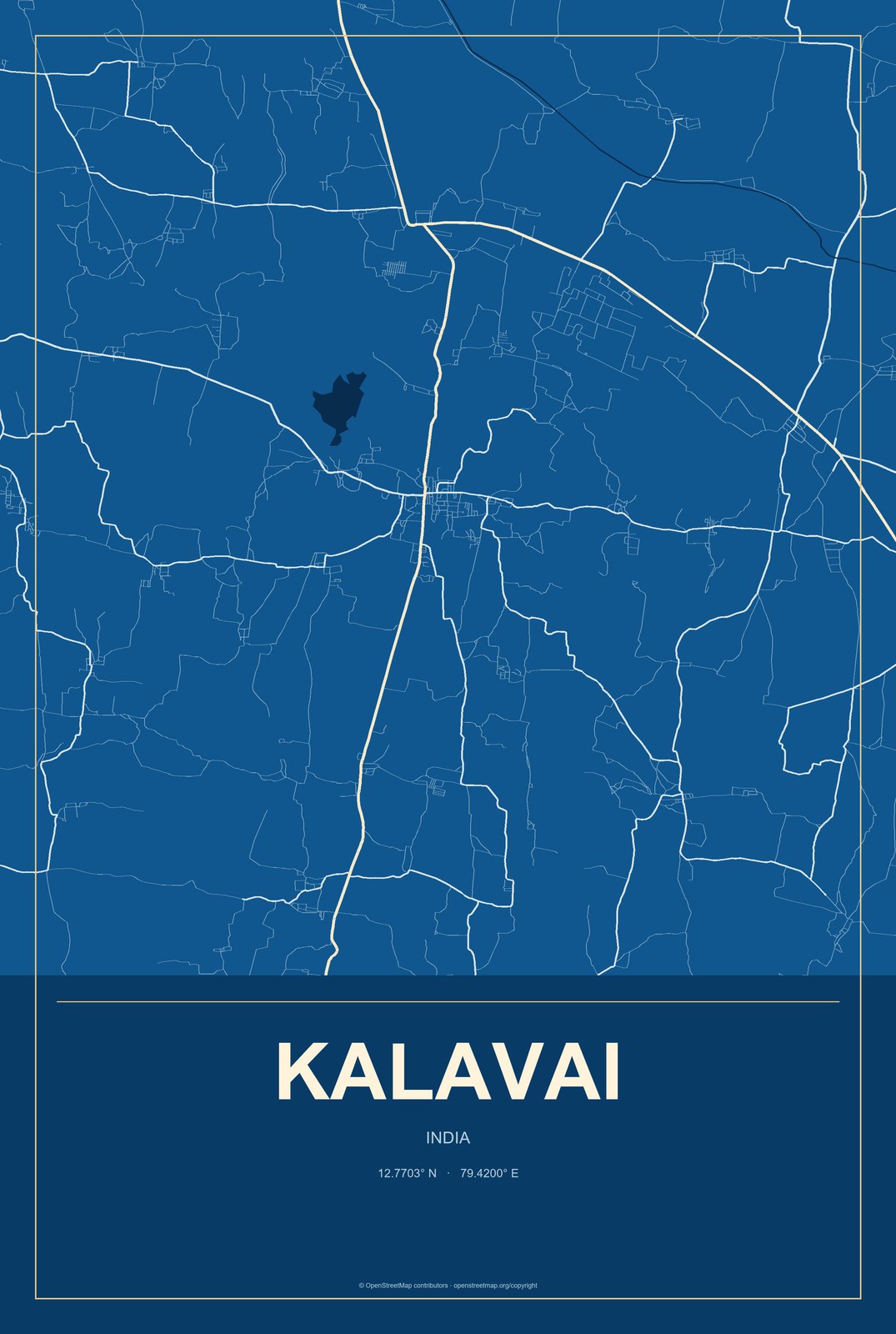 Kalavai, India City Map Aluminum Sign in Harbor Cobalt style