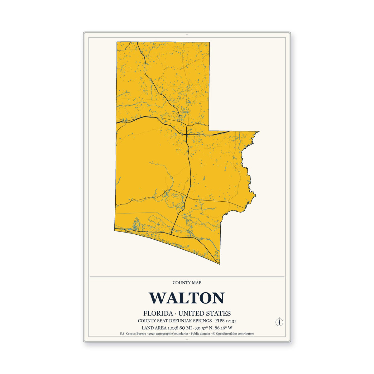 Walton County, Florida Map Aluminum Sign in Citrine Modern style