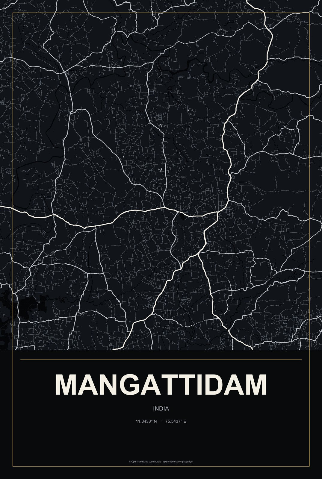 Mangattidam, India City Map Aluminum Sign in Metropolitan Noir style