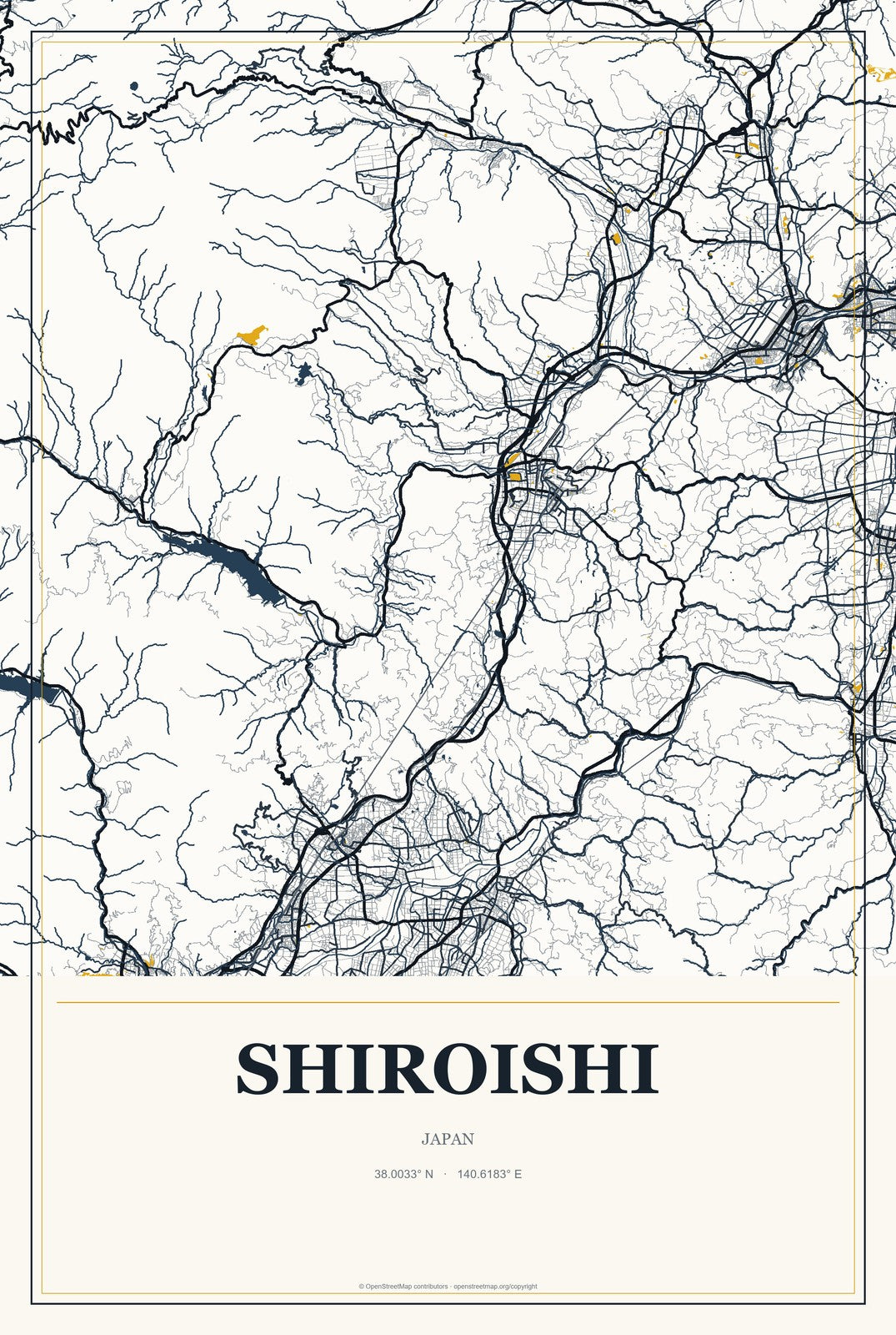 Shiroishi, Japan City Map Aluminum Sign in Citrine Modern style
