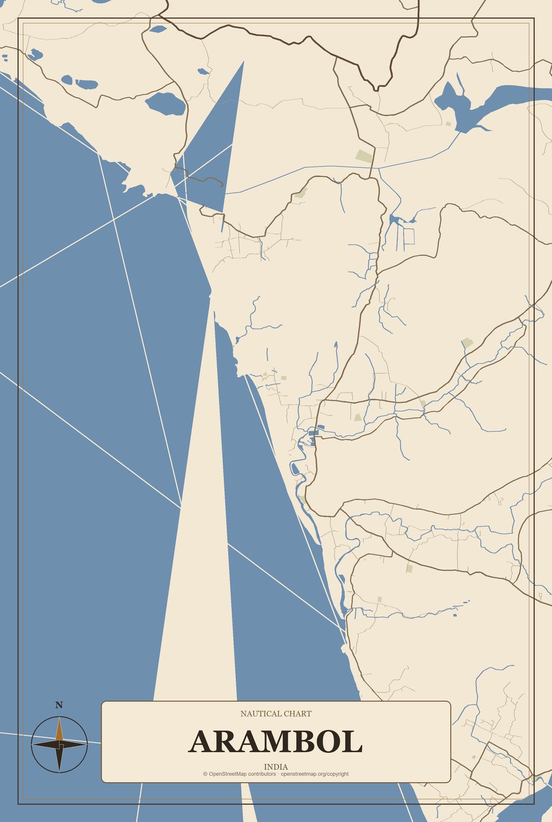 Arambol, India City Map Aluminum Sign in Heritage Nautical style
