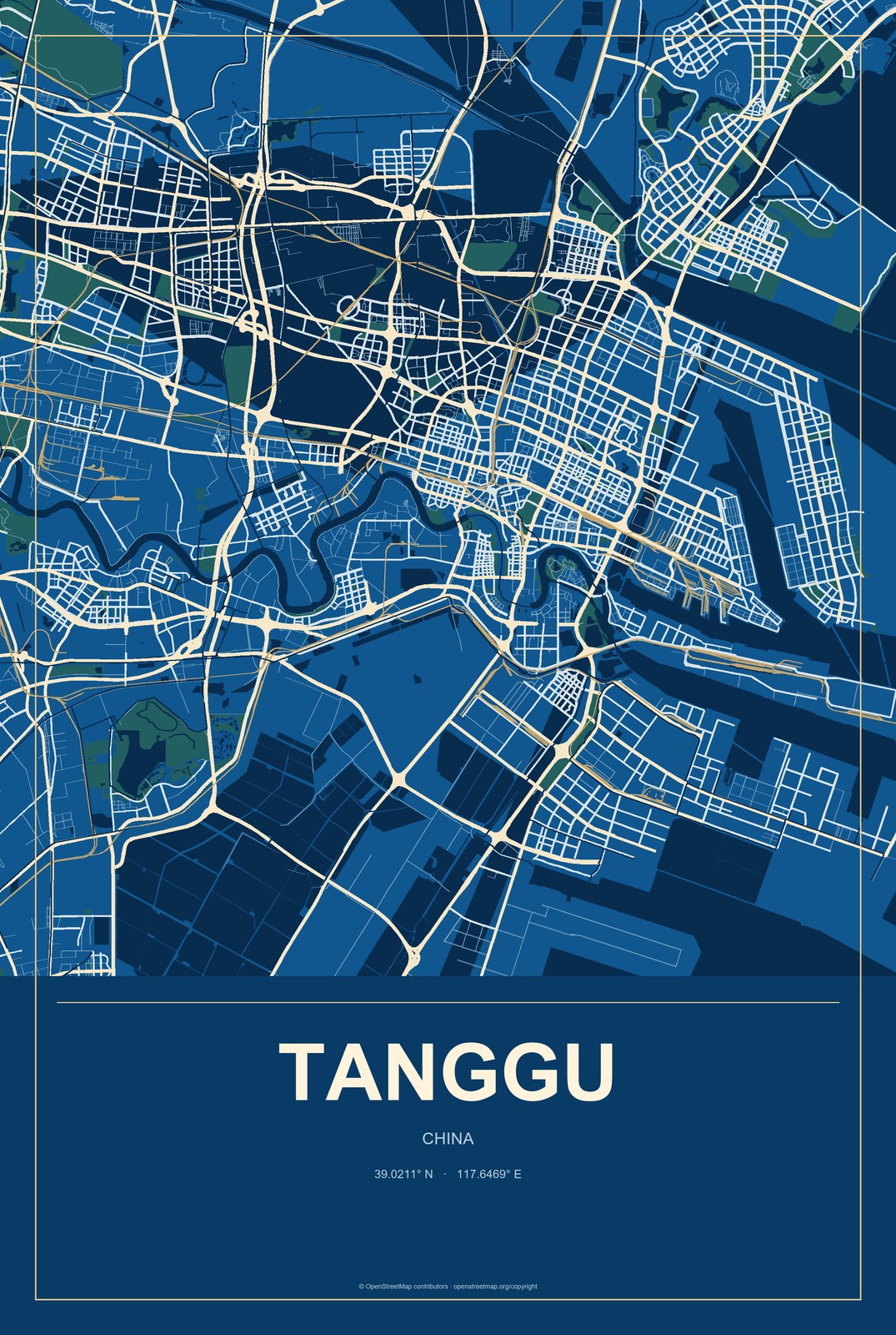 Tanggu, China City Map Aluminum Sign in Harbor Cobalt style
