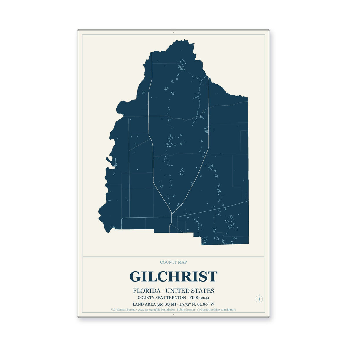 Gilchrist County, Florida Map Aluminum Sign in Coastal Cutout style
