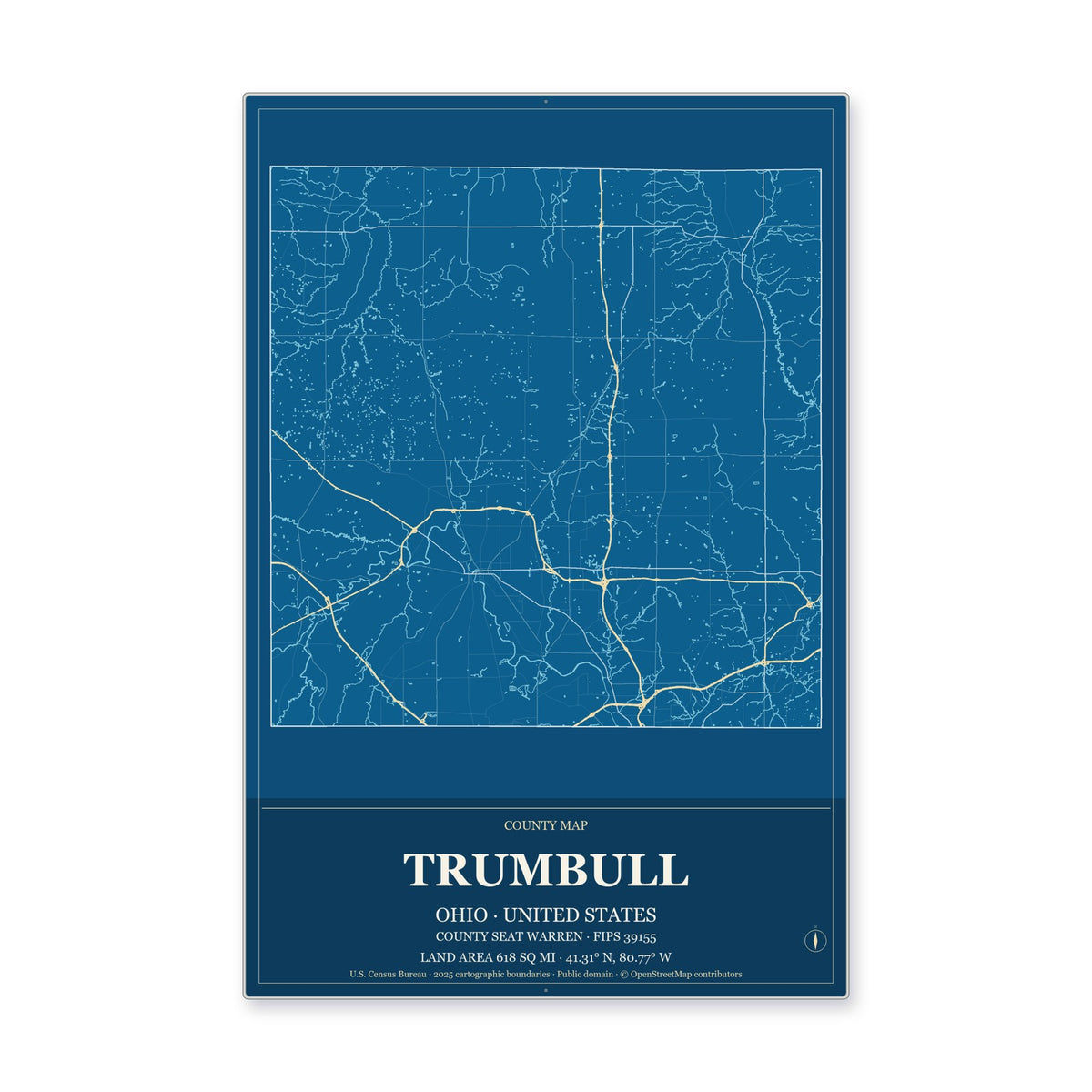 Trumbull County, Ohio Map Aluminum Sign in Harbor Cobalt style