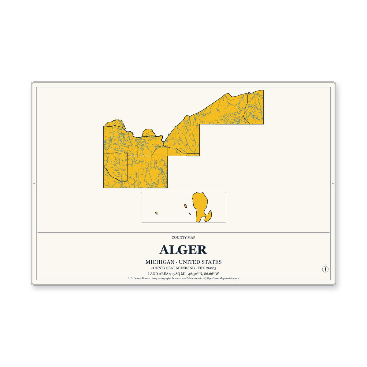 Alger County, Michigan Map Aluminum Sign in Citrine Modern style