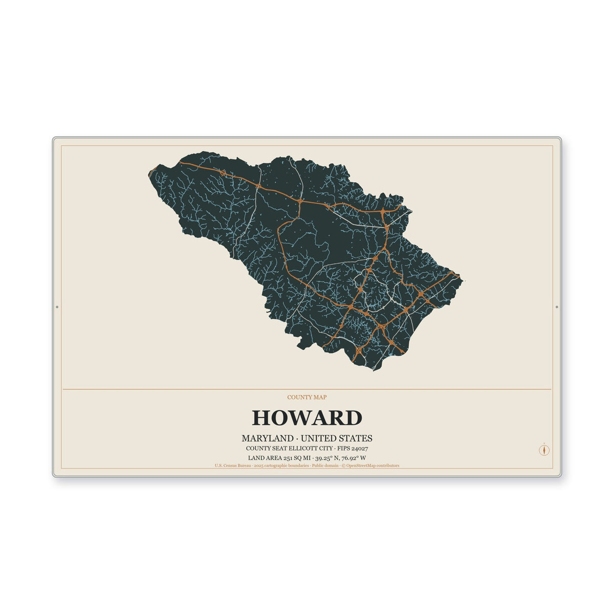 Howard County, Maryland Map Aluminum Sign in Headline Atlas style