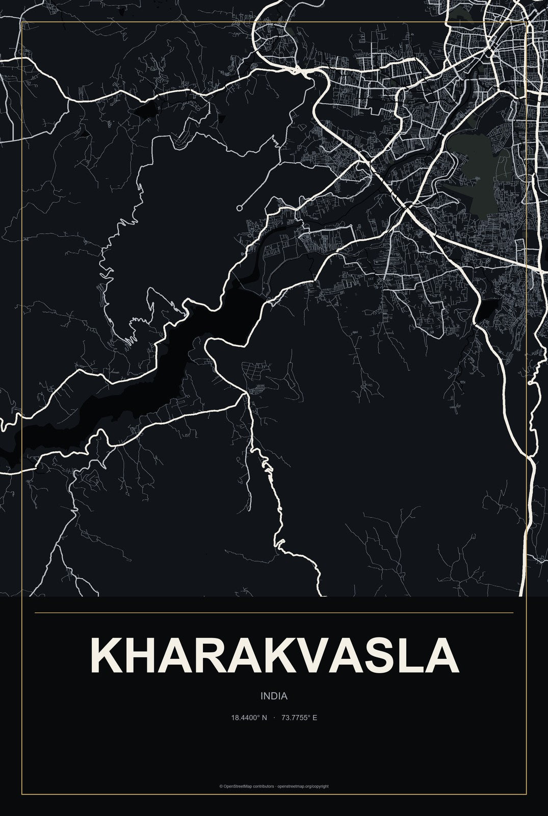 Kharakvasla, India City Map Aluminum Sign in Metropolitan Noir style