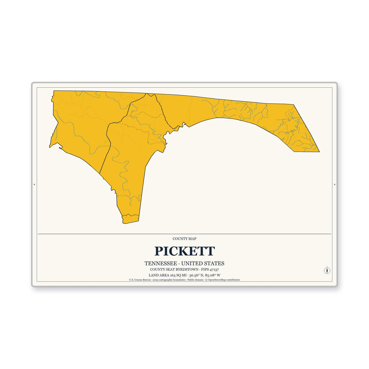 Pickett County, Tennessee Map Aluminum Sign in Citrine Modern style