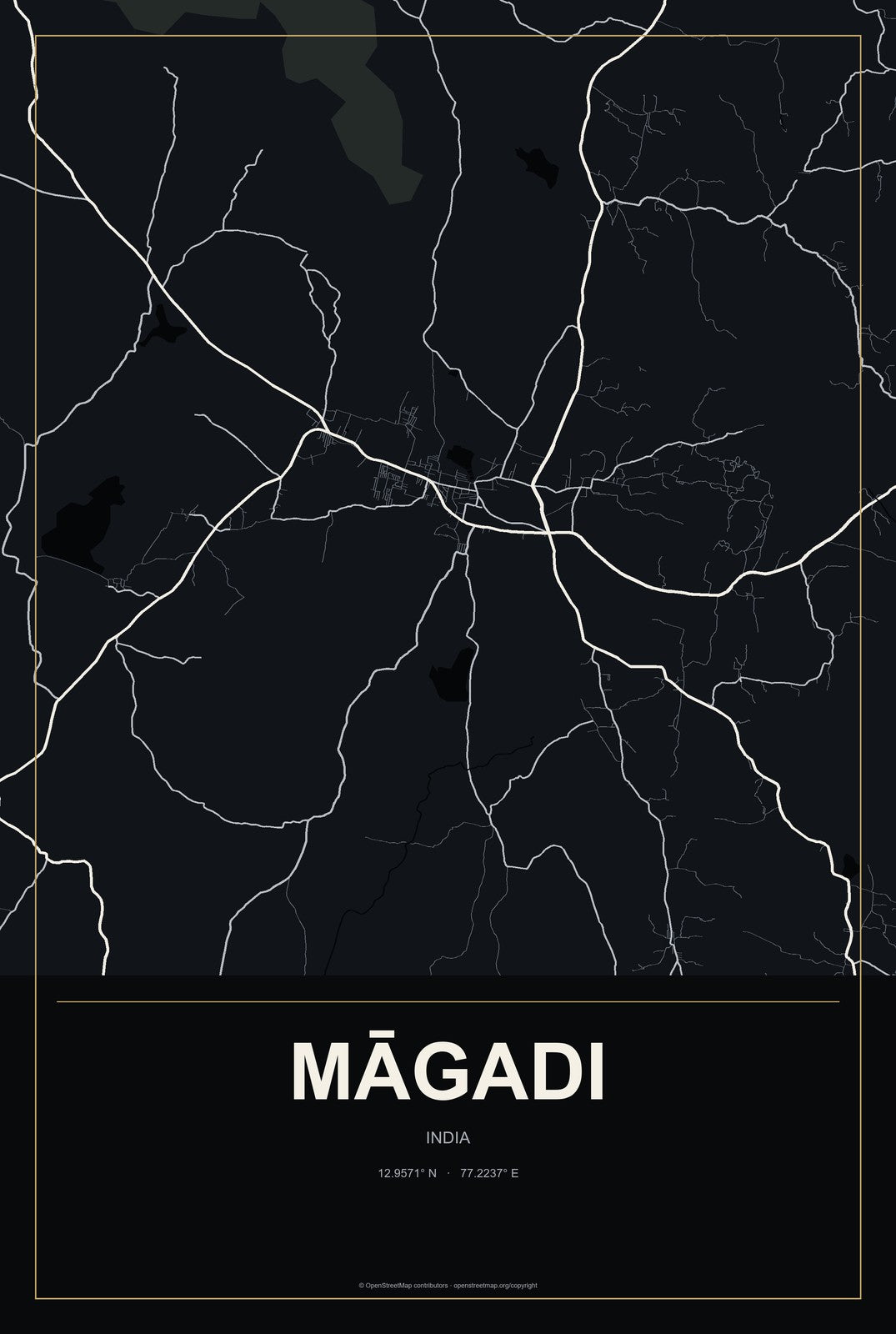 Māgadi, India City Map Aluminum Sign in Metropolitan Noir style