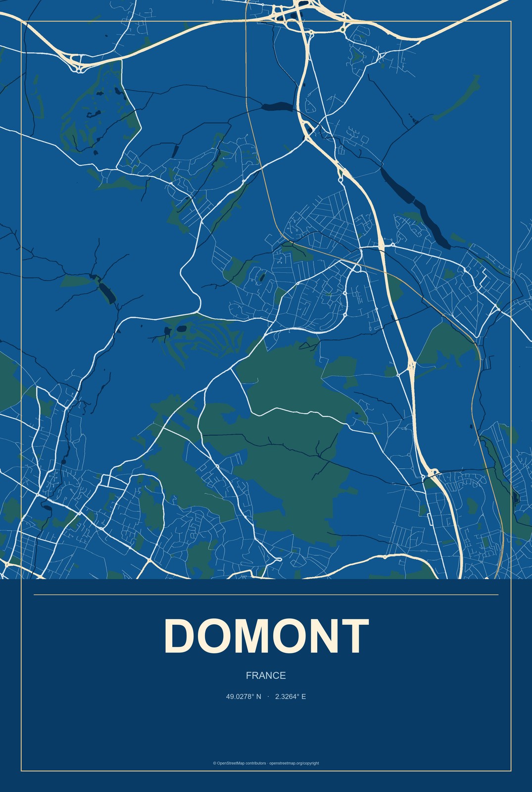 Domont, France City Map Aluminum Sign in Harbor Cobalt style