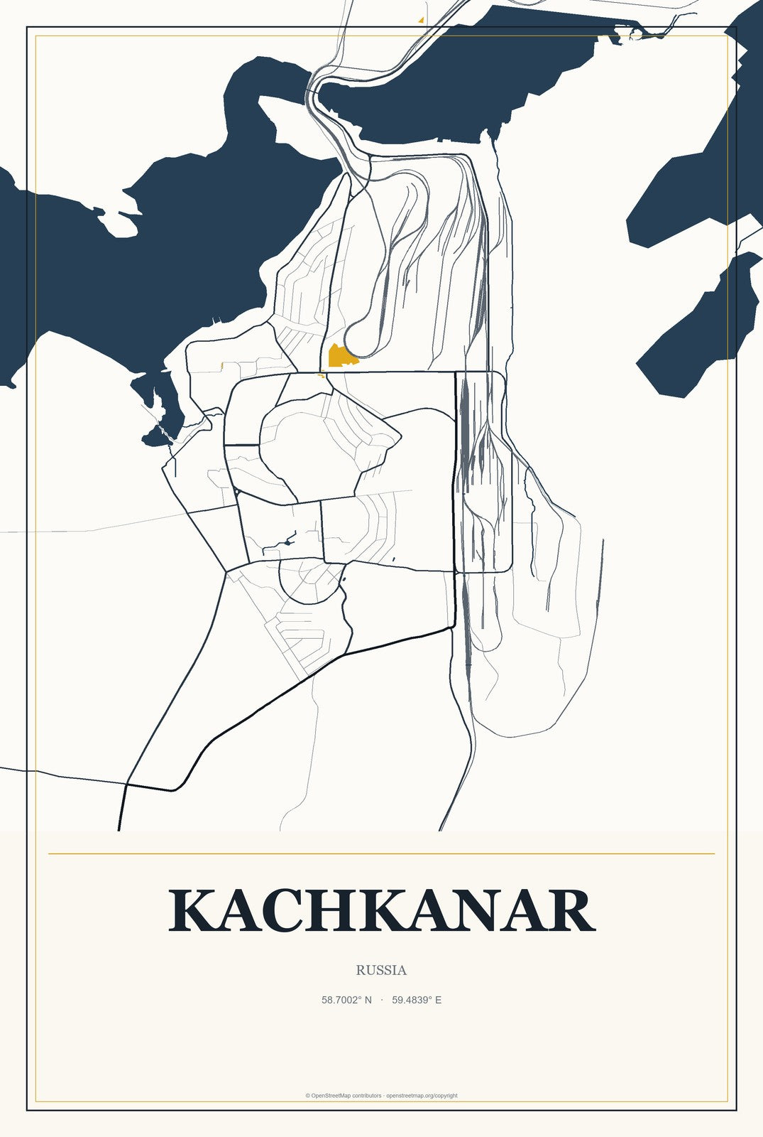 Kachkanar, Russia City Map Aluminum Sign in Citrine Modern style