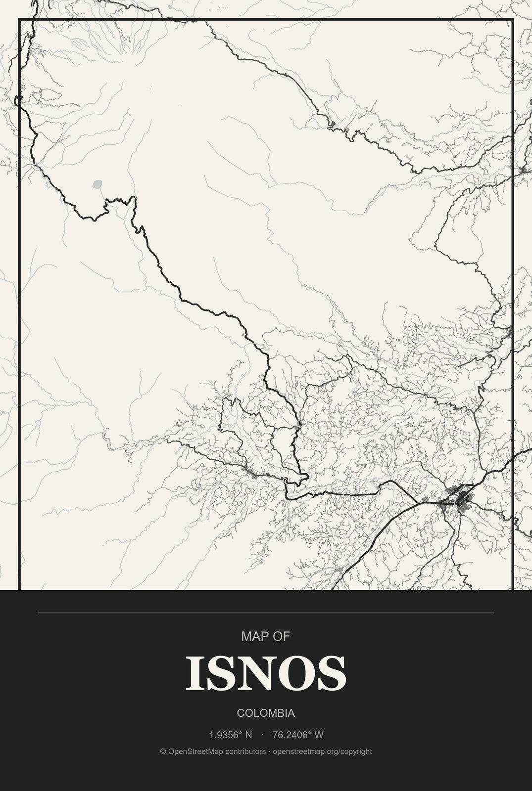 Isnos, Colombia City Map Aluminum Sign in Museum Plaque style