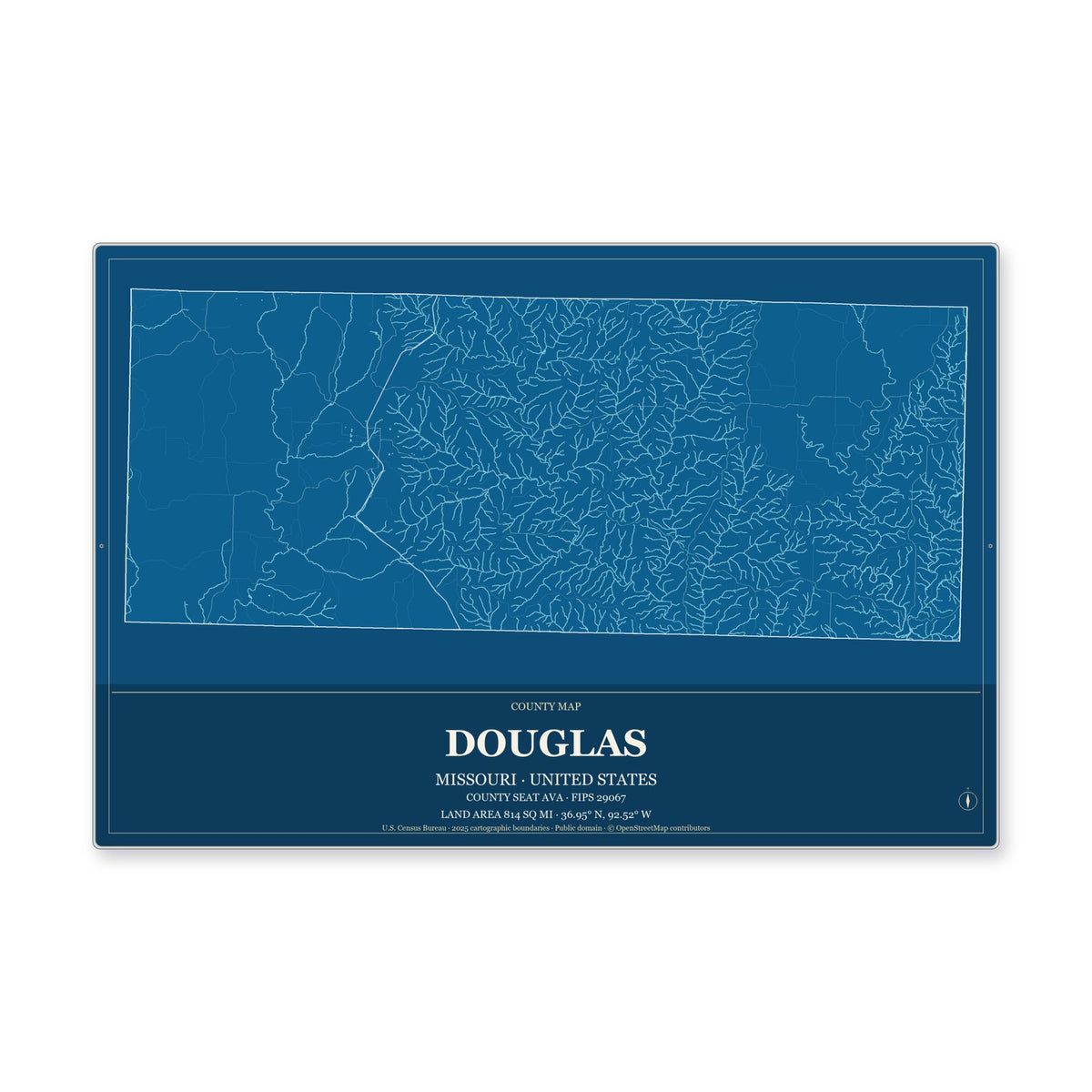Douglas County, Missouri Map Aluminum Sign in Harbor Cobalt style