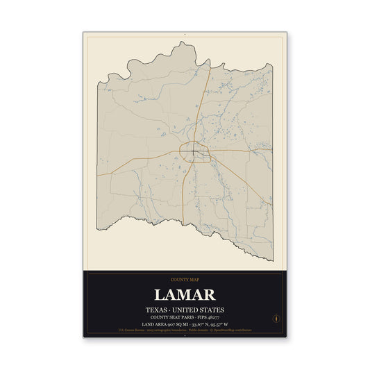 Lamar County, Texas Map Aluminum Sign in Museum Plaque style