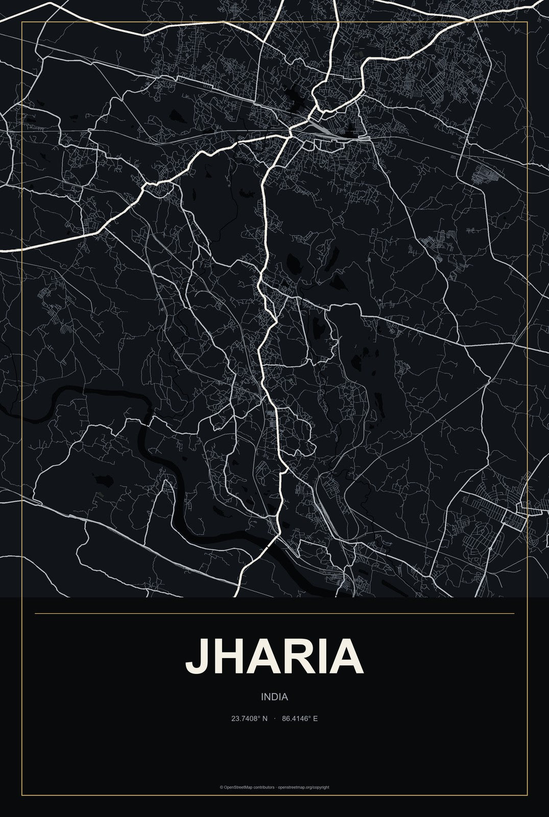 Jharia, India City Map Aluminum Sign in Metropolitan Noir style