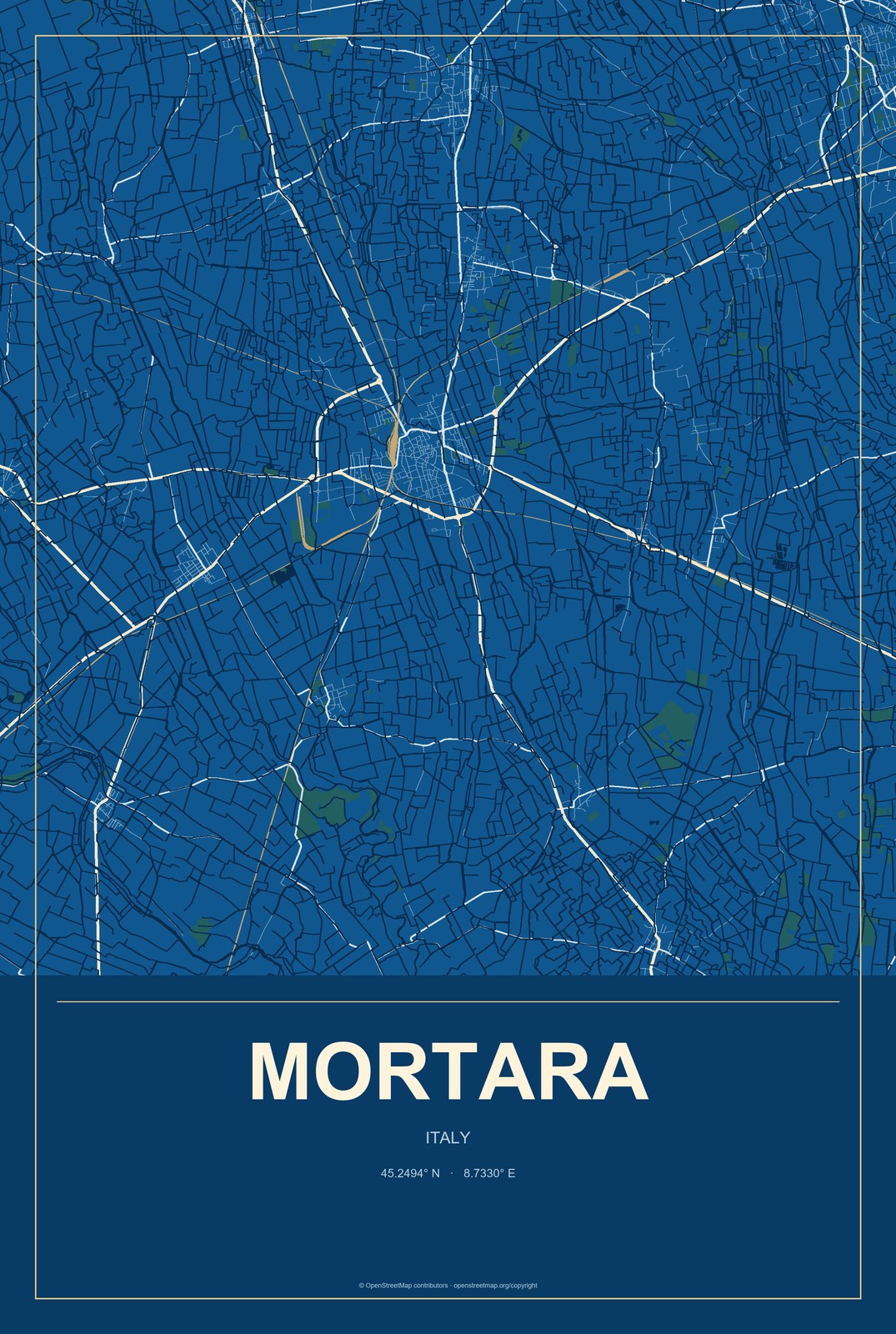 Mortara, Italy City Map Aluminum Sign in Harbor Cobalt style