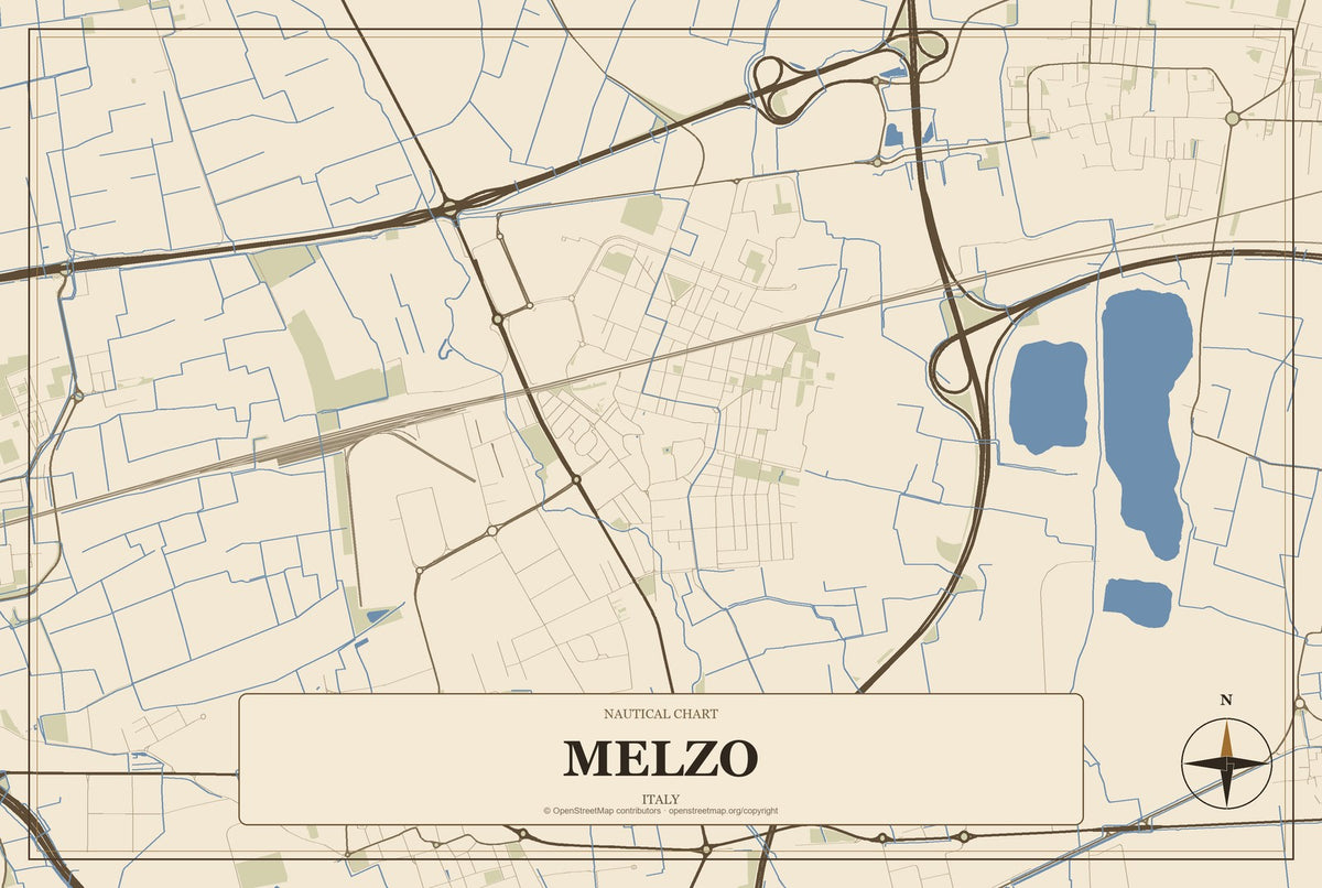 Melzo, Italy City Map Aluminum Sign in Heritage Nautical style