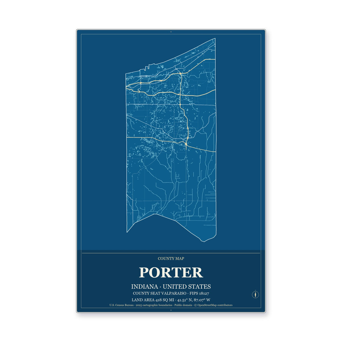 Porter County, Indiana Map Aluminum Sign in Harbor Cobalt style