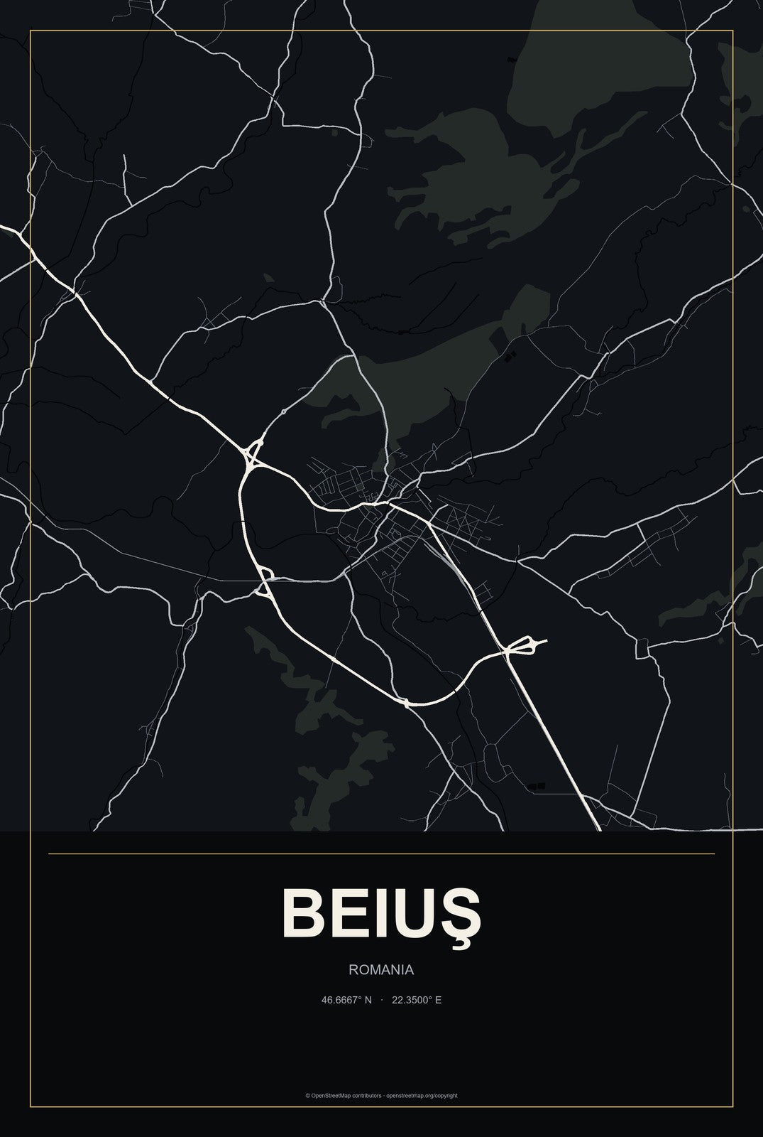 Beiuş, Romania City Map Aluminum Sign in Metropolitan Noir style