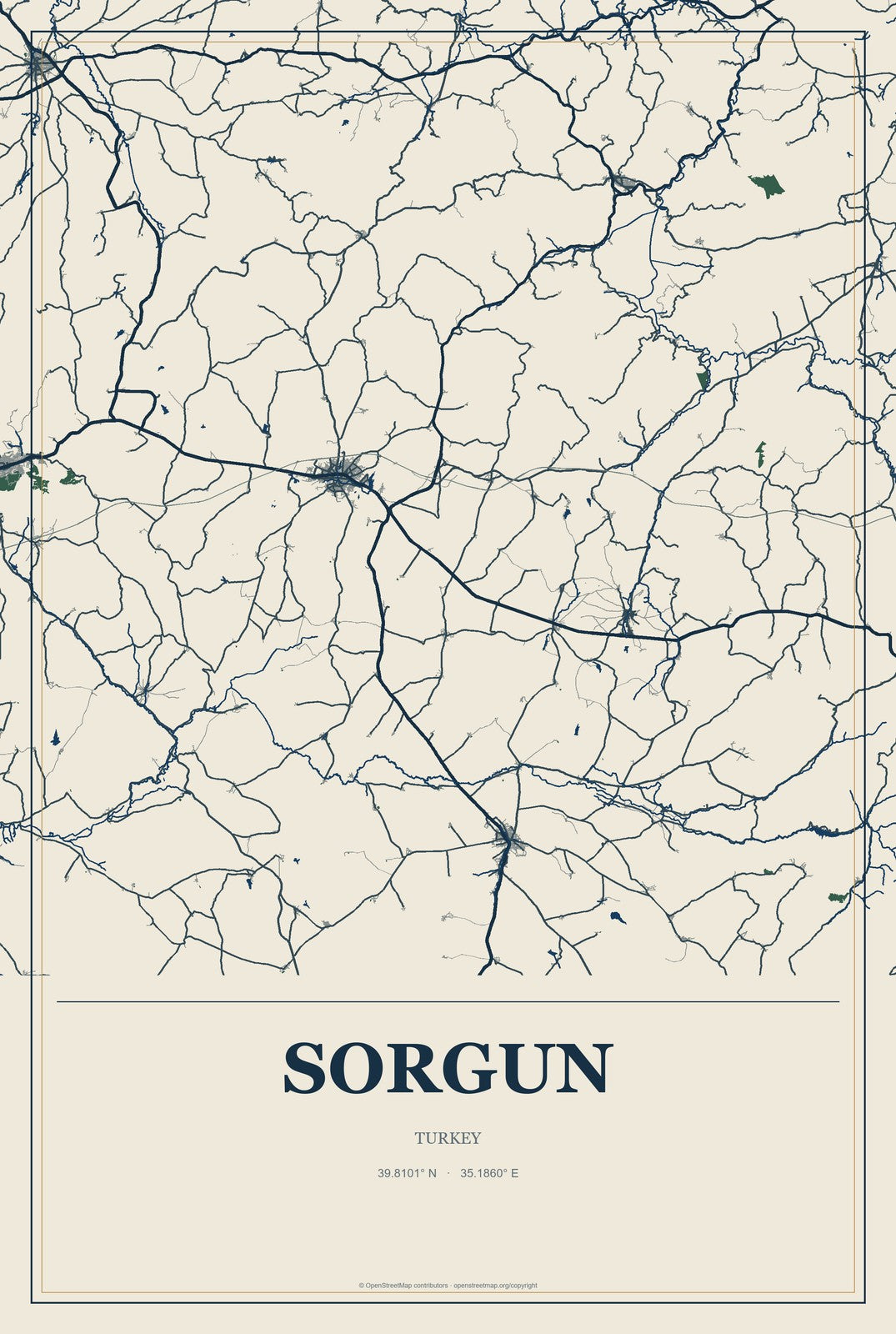 Sorgun, Turkey City Map Aluminum Sign in Coastal Cutout style
