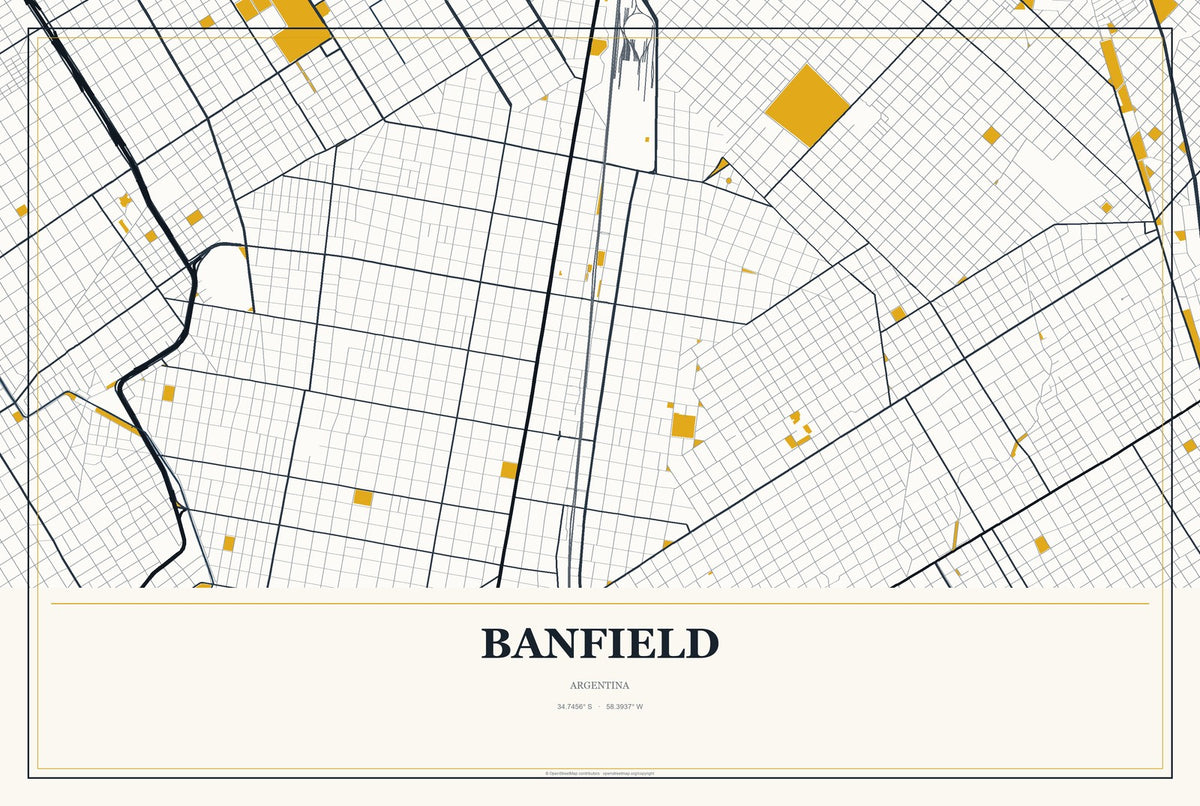 Banfield, Argentina City Map Aluminum Sign in Citrine Modern style