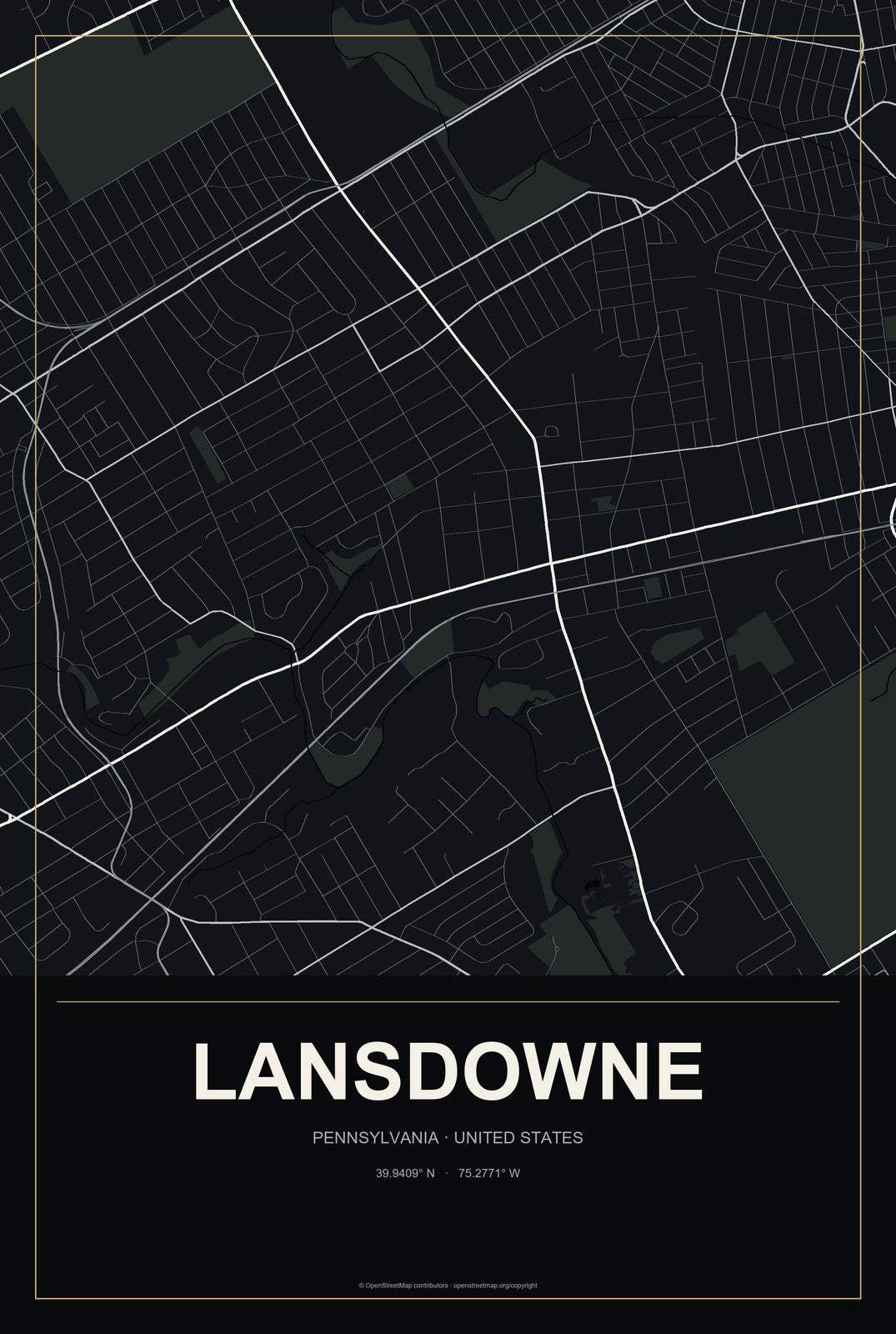 Lansdowne, Pennsylvania City Map Aluminum Sign in Metropolitan Noir style